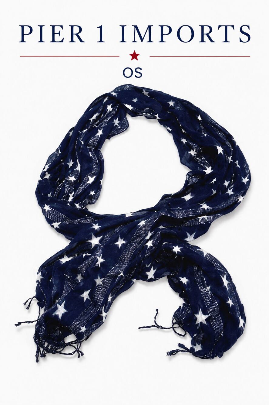 Pier 1 Imports Patriotic Star Scarf Navy Metallic Stripe Fringe Lightweight